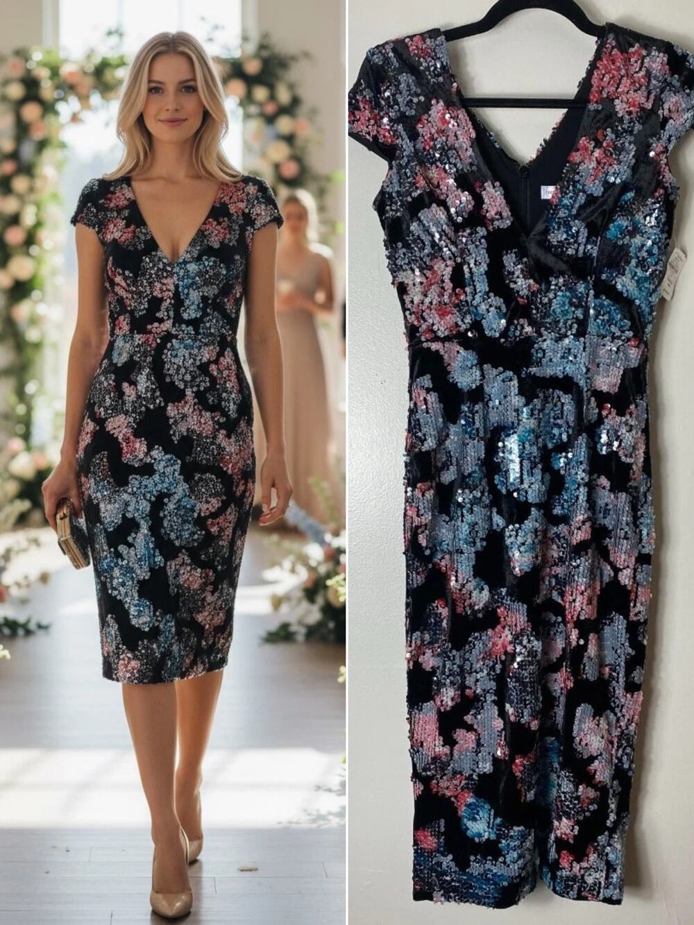 Dress the Population Black Floral Sequin Velvet Dress Wedding Guest Fairy